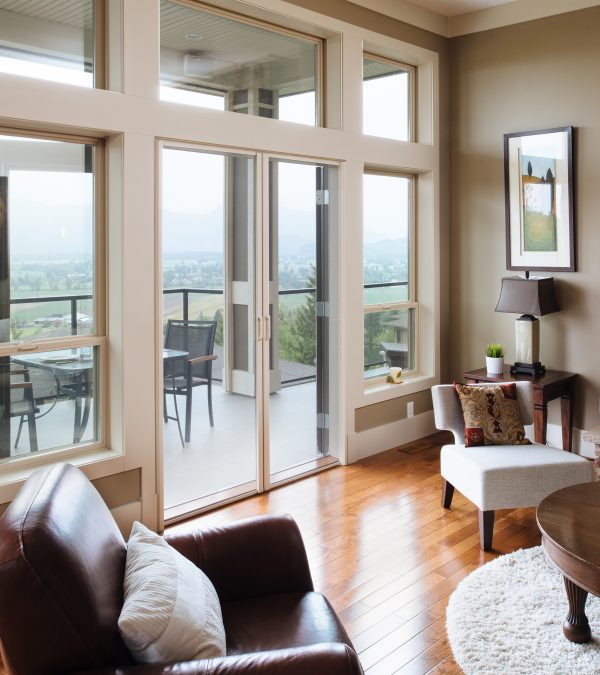 Living room looking towards double doors with Phantom Screens