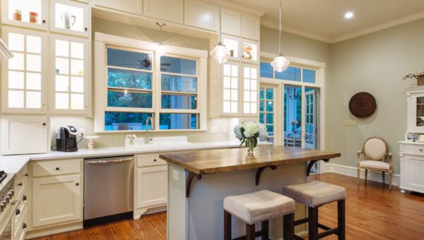 Country kitchen with disappearing large window screens