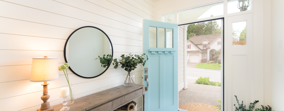 open Light blue front door